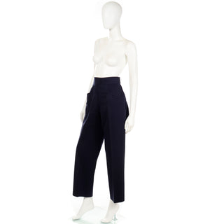 1980s Yves Saint Laurent Pants YSL Navy Blue High Waist Trousers S/M