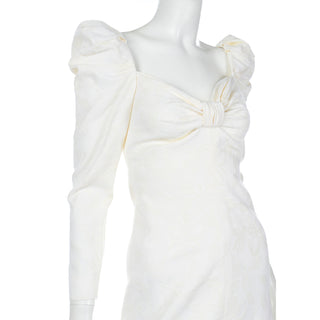 1990s Yves Saint Laurent White Jacquard Dress with Bow Front
