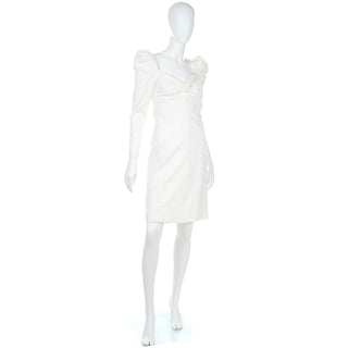YSL vintage white jacquard dress with puff shoulder long sleeves