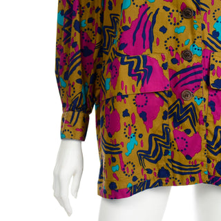Yves Saint Laurent vintage jacket style cotton shirt in abstract print with pockets and belt