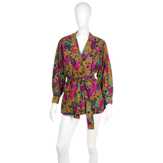 Yves Saint Laurent Vintage 1970s Abstract Print YSL Top With Belt Shirt