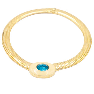 1980s YSL Gold Choker Tubogas Omega Necklace W Blue Crystal & Enamel 1980s