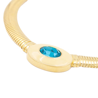 1980s YSL Gold Choker Tubogas Necklace W Blue Crystal & Enamel