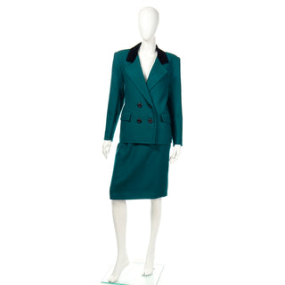 Green wool and velvet skirt suit by Yves Saint Laurent Variation
