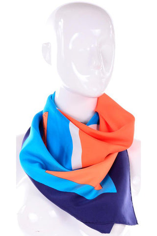 YSL Yves Saint Laurent Vintage Orange & Blue Geometric Print Silk Scarf Modig Collection