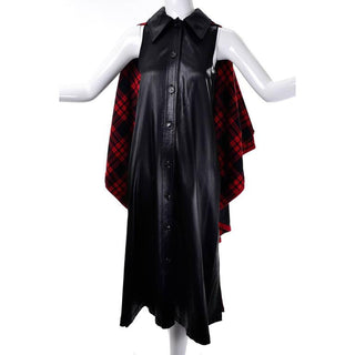 1970s Yves Saint Laurent Vintage Waistcoat Dress and Cape Black with Red Tartan Lining Size 38 or US size 6