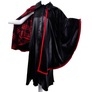 1970s Yves Saint Laurent Vintage Dress and Cape Black with Red Tartan Lining 38