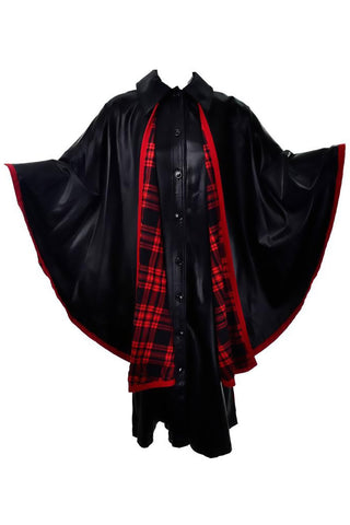 1970s Yves Saint Laurent Vintage Black Dress and Cape with Red plaid Lining