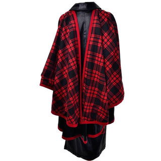 1970s Yves Saint Laurent Vintage Sleeveless Button Down Dress and Cape Black with Red Tartan Lining 38