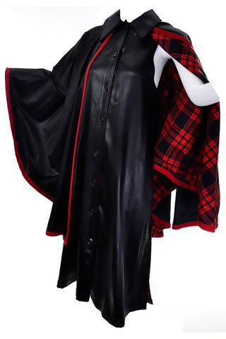 1970s Yves Saint Laurent Vintage Dress and Cape Black with Red Tartan Lining