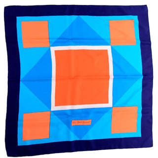 YSL Yves Saint Laurent Vintage Orange & Blue Geometric Print Silk Scarf France
