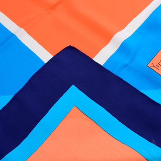 YSL Yves Saint Laurent Vintage Orange & Blue Geometric Print Silk Scarf with hand rolled hem