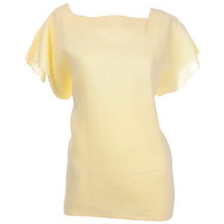 Vintage Christian Dior Yellow Top with drawnwork embroidery scalloped edge sleeves