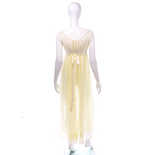 1960s Yolande Pale Yellow Nylon Nightgown w/ Lace Bust Size Small