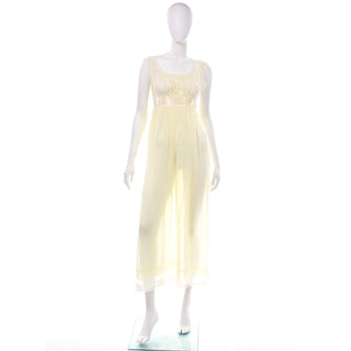 1960s Yolande Pale Yellow Nylon Nightgown w/ Lace Bust Size Small