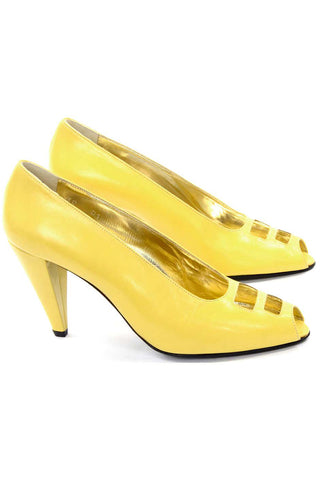 1980s Escada Yellow Vintage Shoes Peep Toe Unworn Heels 7.5