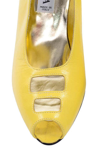 80s Escada Yellow Vintage Shoes Peep Toe Heels unworn 7.5AA