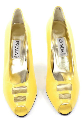 1980s Escada Yellow Vintage Shoes Peep Toe Heels New 7.5AA