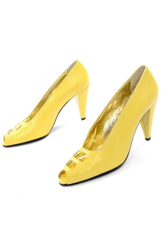 New 1980s Escada Yellow Vintage Shoes Peep Toe Heels Never Worn 7.5AA