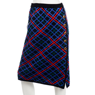Yves Saint Laurent Red Blue & Black Knit Vintage Skirt & Jacket Suit Faux Wrap Pencil Skirt