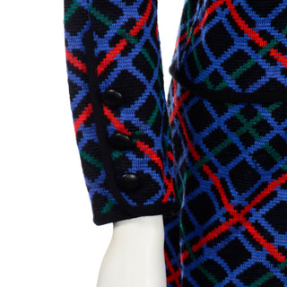 Yves Saint Laurent Red Blue & Black Knit Vintage Skirt & Jacket Suit 1980s YSL