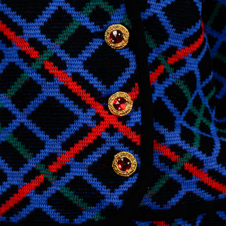 Yves Saint Laurent Red Blue & Black Knit Vintage Skirt & Jacket Suit colorful buttons