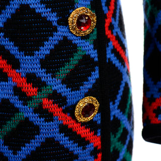 Yves Saint Laurent Red Blue & Black Knit Vintage Skirt & Jacket Suit beautiful buttons