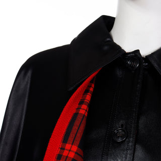 1970s Yves Saint Laurent YSL Vintage Black Dress w/ Attached Cape Lined in Red Plaid