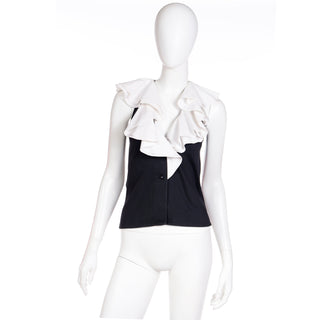 Vintage Yves Saint Laurent black sleeveless top with large white ruffle collar