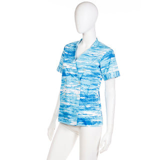 1980s Yves Saint Laurent Vintage S/S Blouse in Blue Abstract Wave Print YSL
