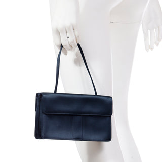 1980s Yves Saint Laurent Midnight Blue Silk Double Compartment Handbag Bag