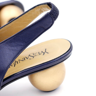 1980s Yves Saint Laurent Shoes Navy Blue Slingbacks With Gold Ball Heels YSL pumps