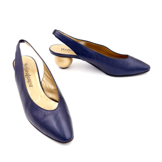 1980s Yves Saint Laurent Shoes Navy Blue Slingbacks With Gold Ball Heels YSL size 7.5