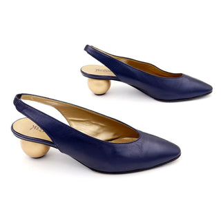 1980s Yves Saint Laurent Shoes Navy Blue Slingbacks With Gold Ball Heels 7.5