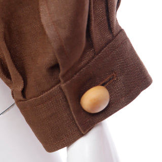 1980s Yves Saint Laurent Brown Linen Jacket w Original Belt & Wood Buttons