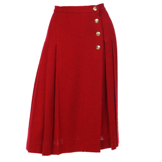 1990s Yves Saint Laurent Burgundy Red Boucle Wool Pleated Skirt Vintage Made in France