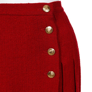 1990s Yves Saint Laurent Burgundy Red Boucle Wool Pleated Skirt with Gold Buttons