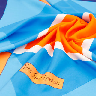 1980s Yves Saint Laurent Vintage Orange & Blue Geometric Print Silk Scarf