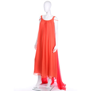 1970s Yves Saint Laurent Couture Silk Orange & Red Evening Gown Flowing Dress
