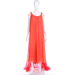 1970s Yves Saint Laurent Couture Silk Orange & Red Evening Gown Grecian Style