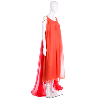 1970s Yves Saint Laurent Couture Silk Orange & Red Evening Gown Dramatic Train or Cape