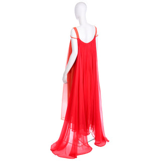 1970s Yves Saint Laurent Couture Silk Orange & Red Evening Gown Dress Grecian
