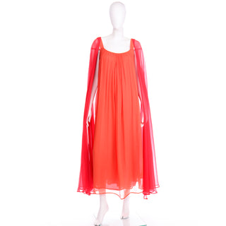 1970s Yves Saint Laurent Couture Silk Orange & Red Evening Gown Cape or Train