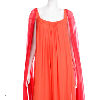 1970s Yves Saint Laurent Couture Silk Orange & Red Evening Gown Dramatic Cape