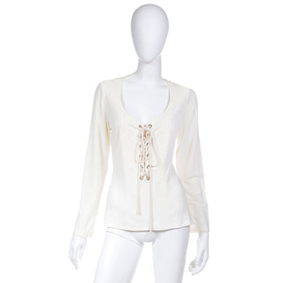 90s YSL Cream Jersey Long Sleeve Lace UP Top