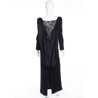 1990 Deadstock Yves Saint Laurent Long Black Evening Dress Gown W Lace & Hood France