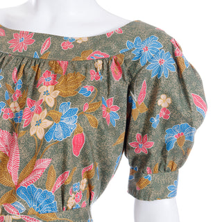 Vintage botanical YSL cotton 2 piece dress with puff sleeves and full skirt