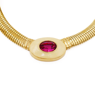 1980s Yves Saint Laurent Gold Tubogas Necklace w Cream Enamel & Magenta Pink Crystal