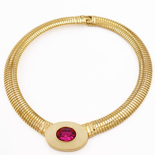 1980s Yves Saint Laurent Gold Tubogas Necklace w Enamel & Purple Pink Crystal