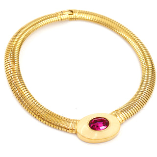 1980s Yves Saint Laurent Gold Tubogas Necklace w Cream Enamel & Pink Crystal